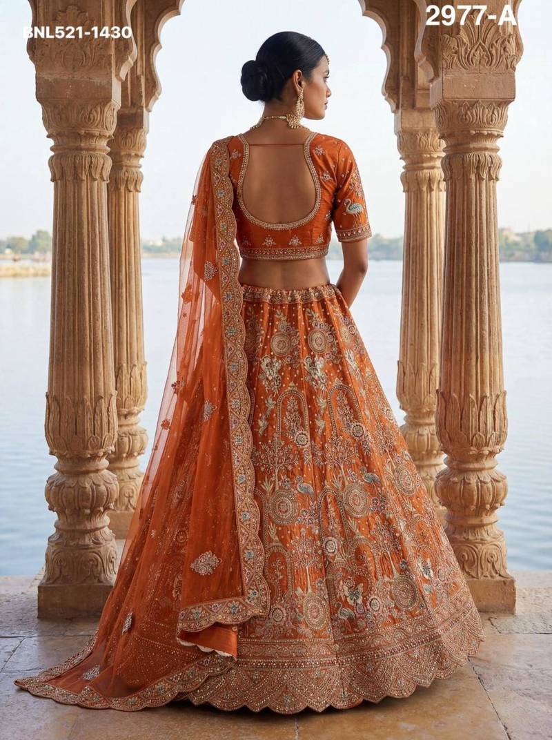 orange silk blend embroidered Lehenga set
