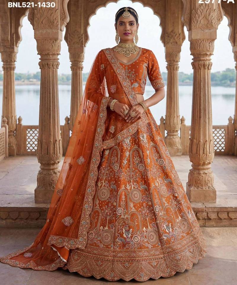 orange silk blend embroidered Lehenga set