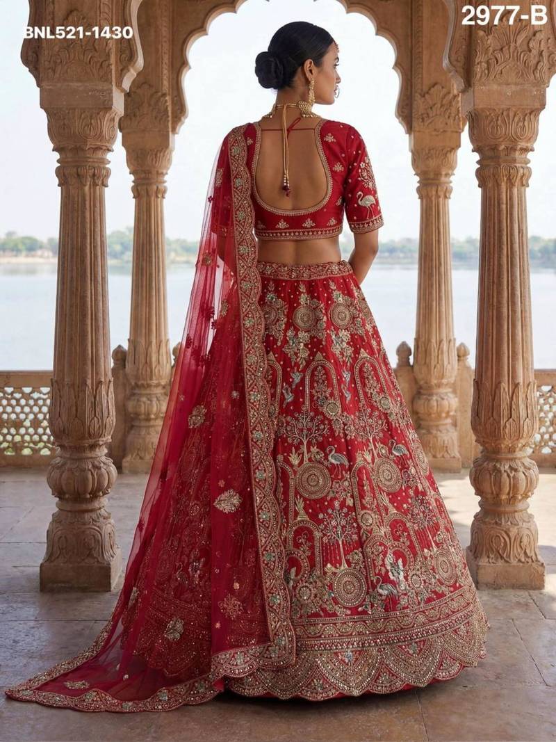 red silk blend embroidered Lehenga set