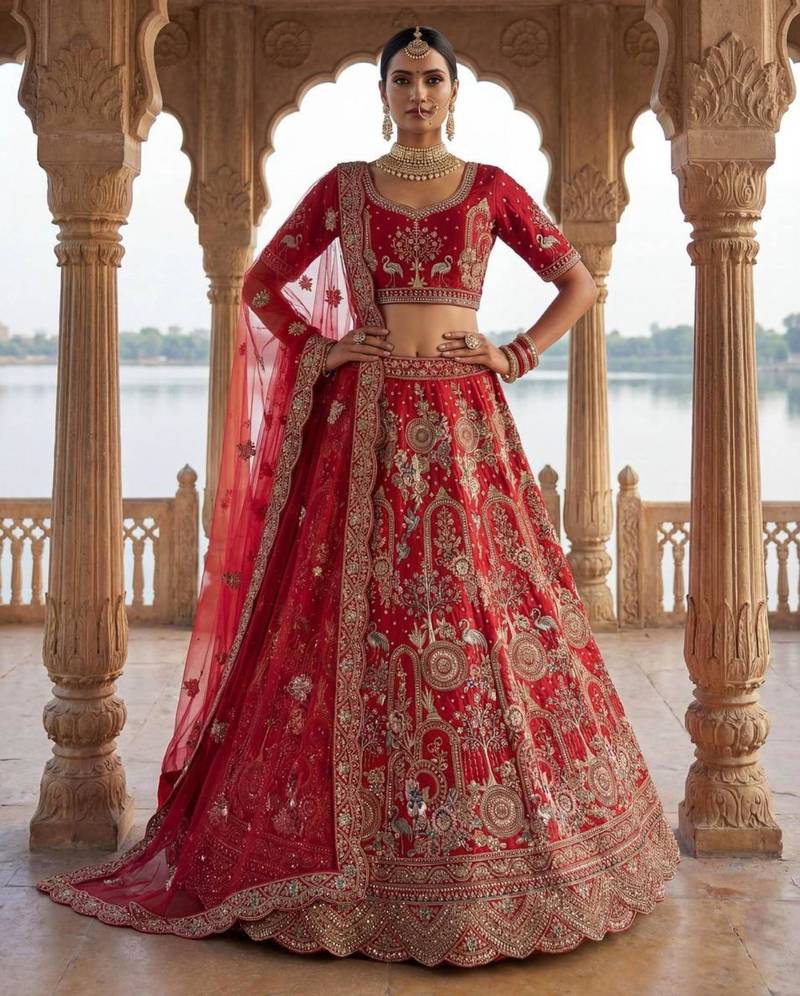red silk blend embroidered Lehenga set