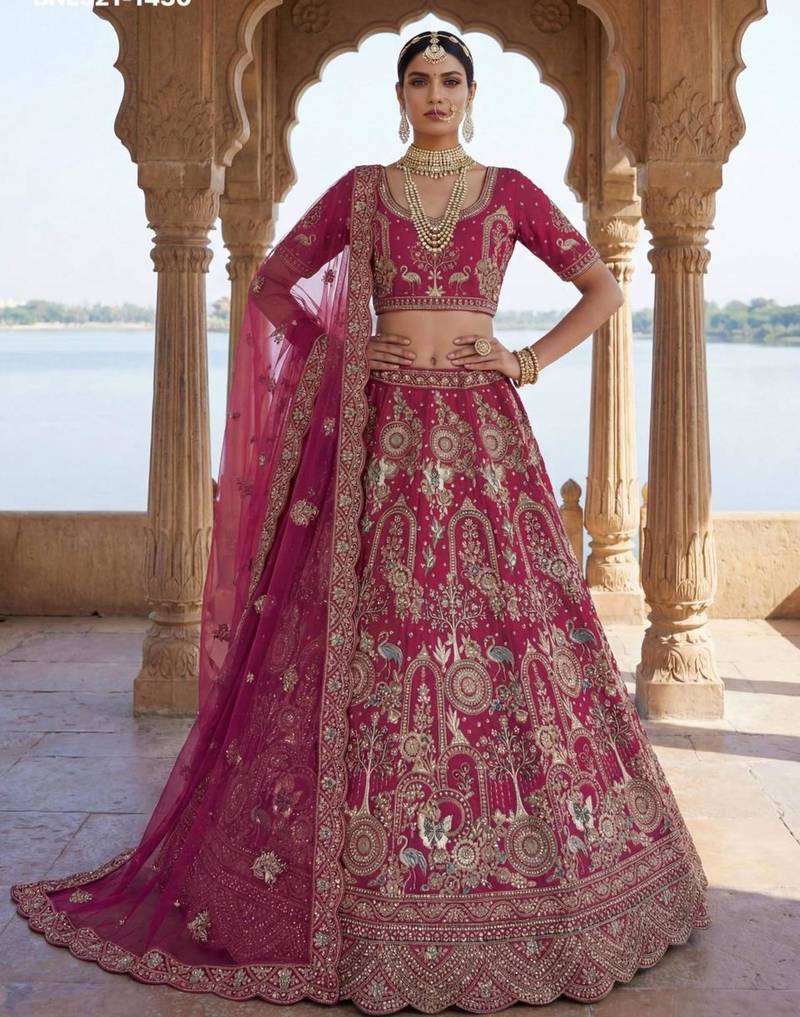 rani pink silk blend embroidered Lehenga set
