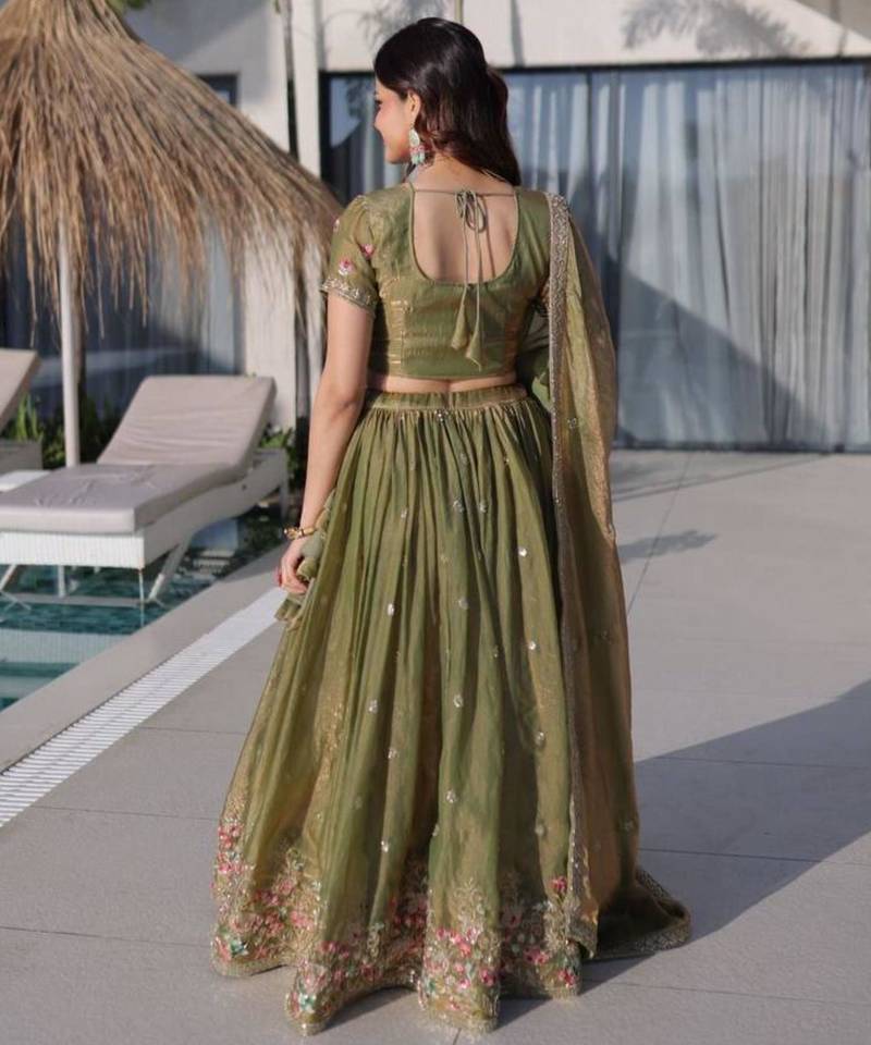 olive silk blend embroidered Lehenga set