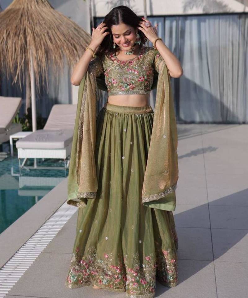 olive silk blend embroidered Lehenga set