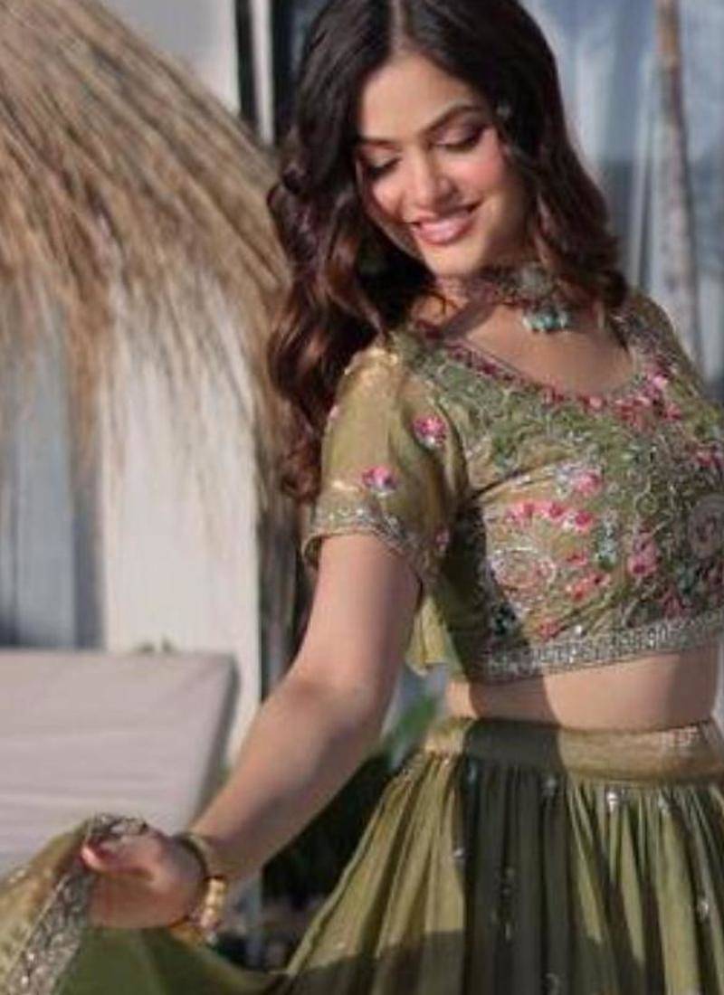olive silk blend embroidered Lehenga set