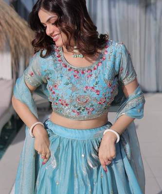 aqua blue embroidered silk blend lehenga set 2