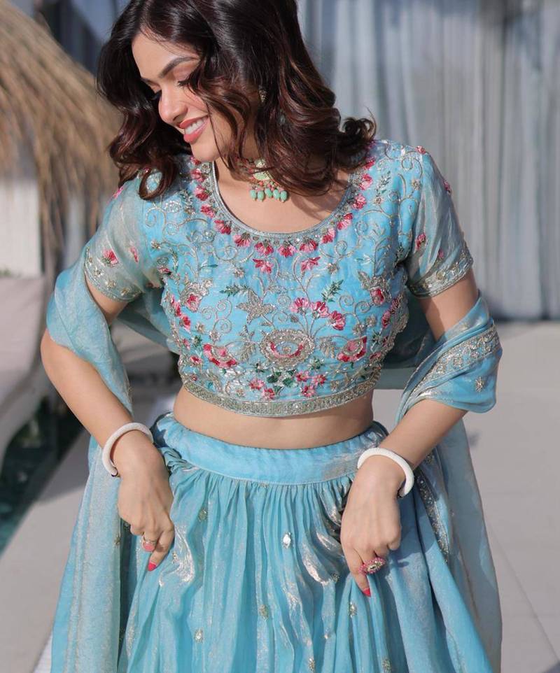 aqua blue silk blend embroidered Lehenga set