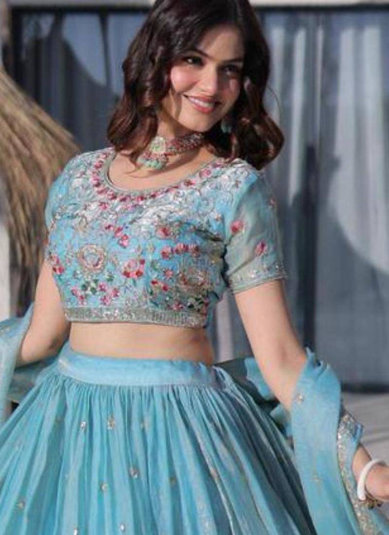 aqua blue silk blend embroidered Lehenga set