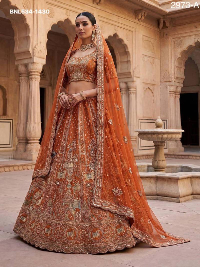 orange silk blend embroidered Lehenga set
