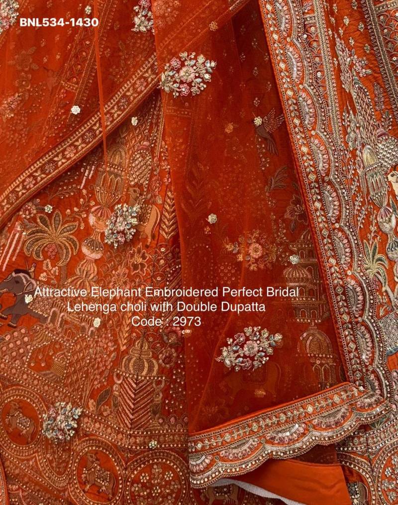 orange silk blend embroidered Lehenga set