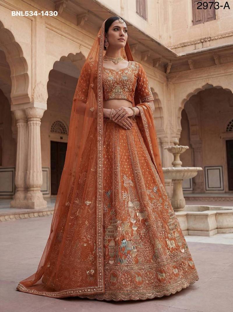 orange silk blend embroidered Lehenga set
