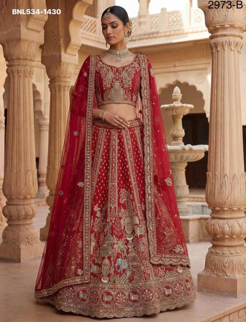 red silk blend embroidered Lehenga set