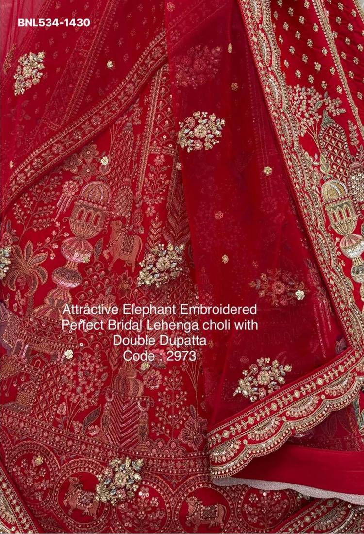 red silk blend embroidered Lehenga set