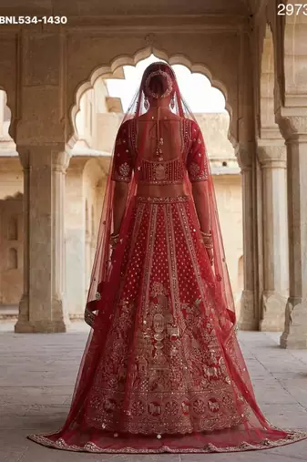 red embroidered silk blend lehenga set