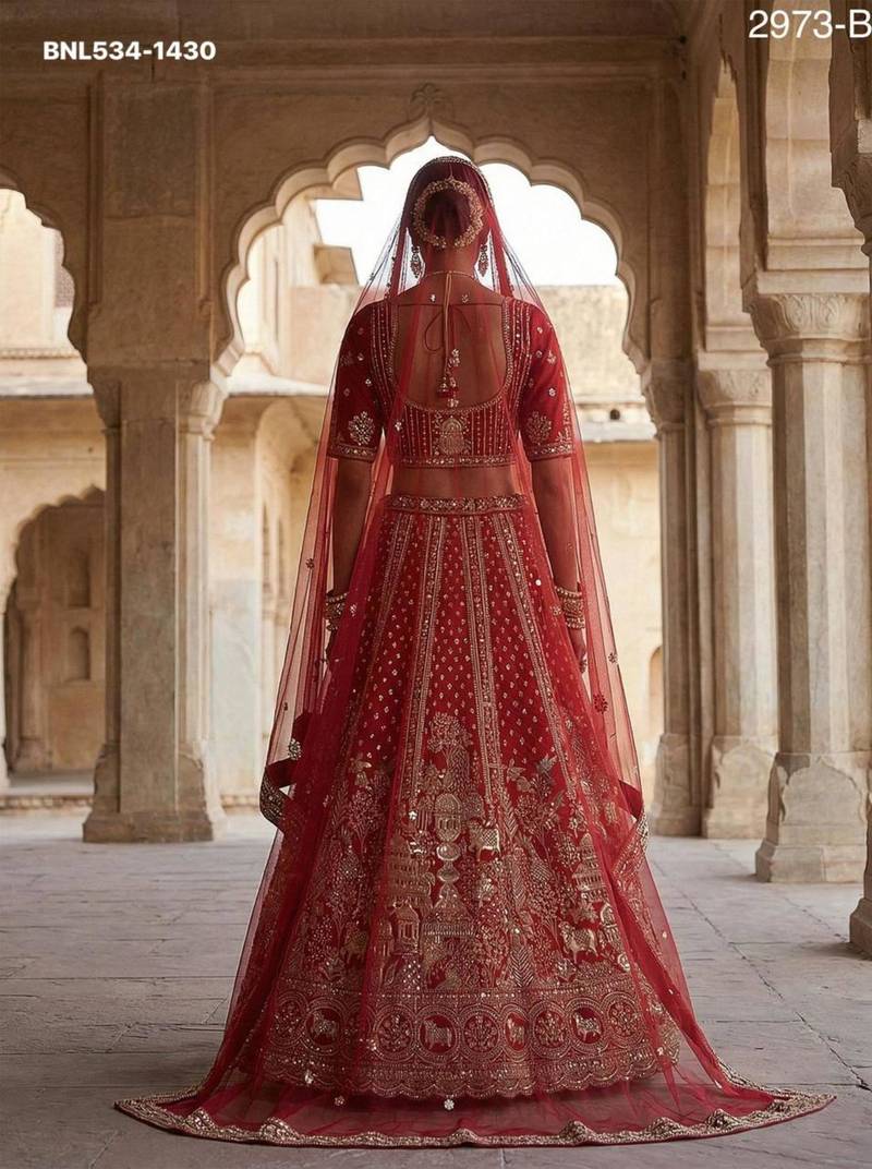 red silk blend embroidered Lehenga set