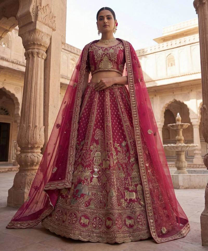 rani pink silk blend embroidered Lehenga set