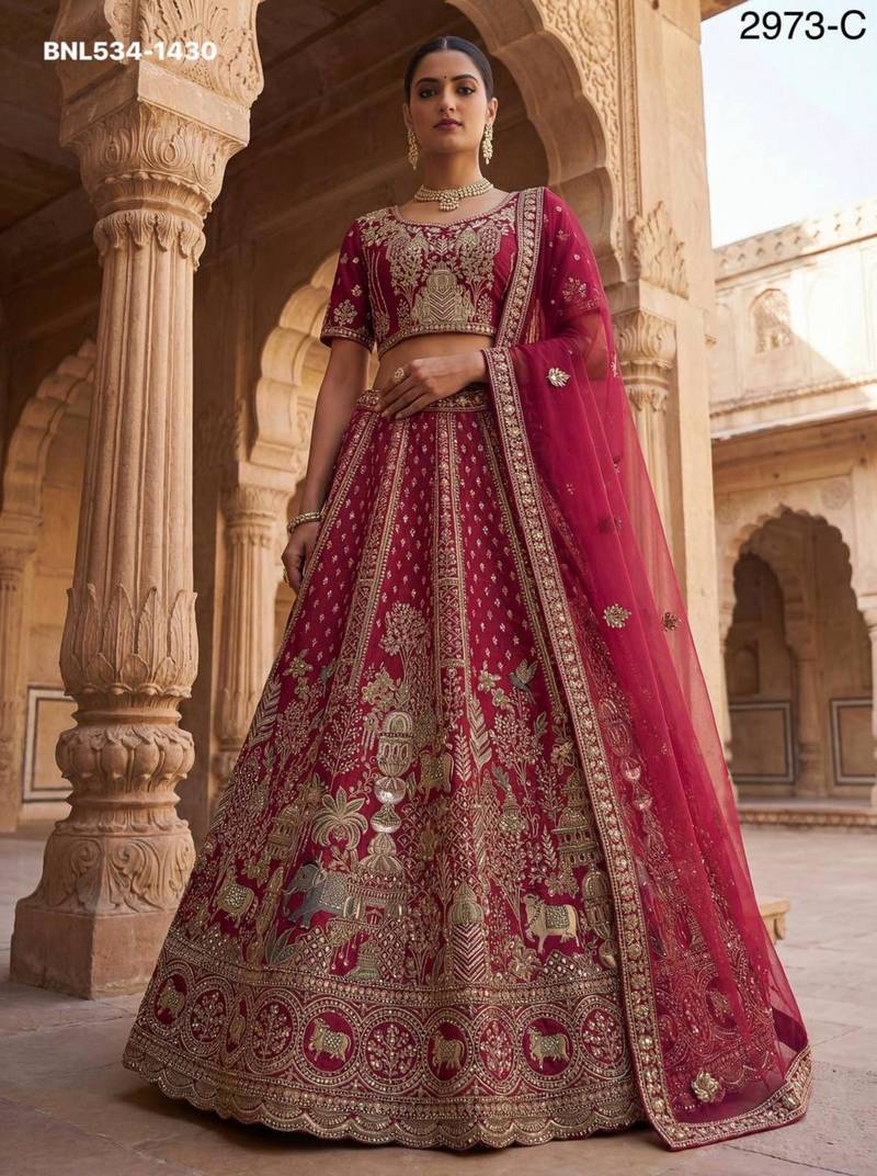 rani pink silk blend embroidered Lehenga set