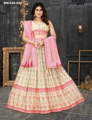cream printed silk blend lehenga set 1