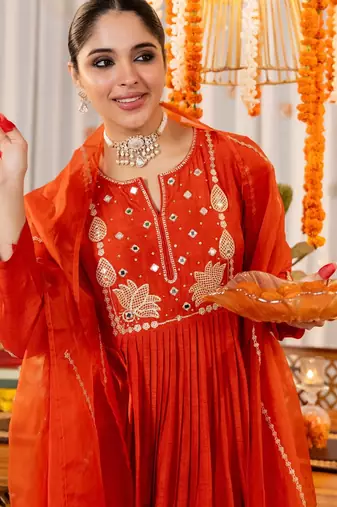 Women's Gorgeous Embroidery Work Chanderi Silk Fabric Flared Kurta Pant and Dupatta Set