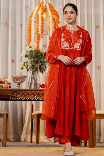 Women's Gorgeous Embroidery Work Chanderi Silk Fabric Flared Kurta Pant and Dupatta Set