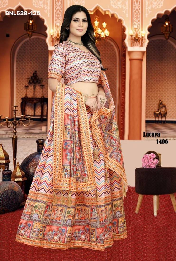 multicolor silk blend printed Lehenga set