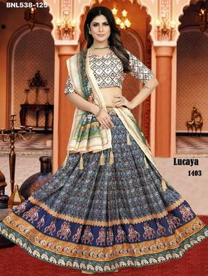 multicolor navy blue silk blend traditional printed lehenga set 1