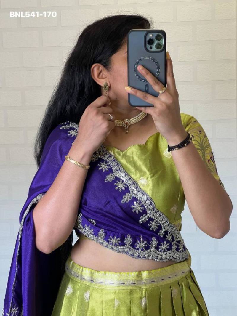 light parrot green silk blend woven Lehenga set