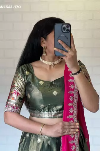 green woven silk blend lehenga set