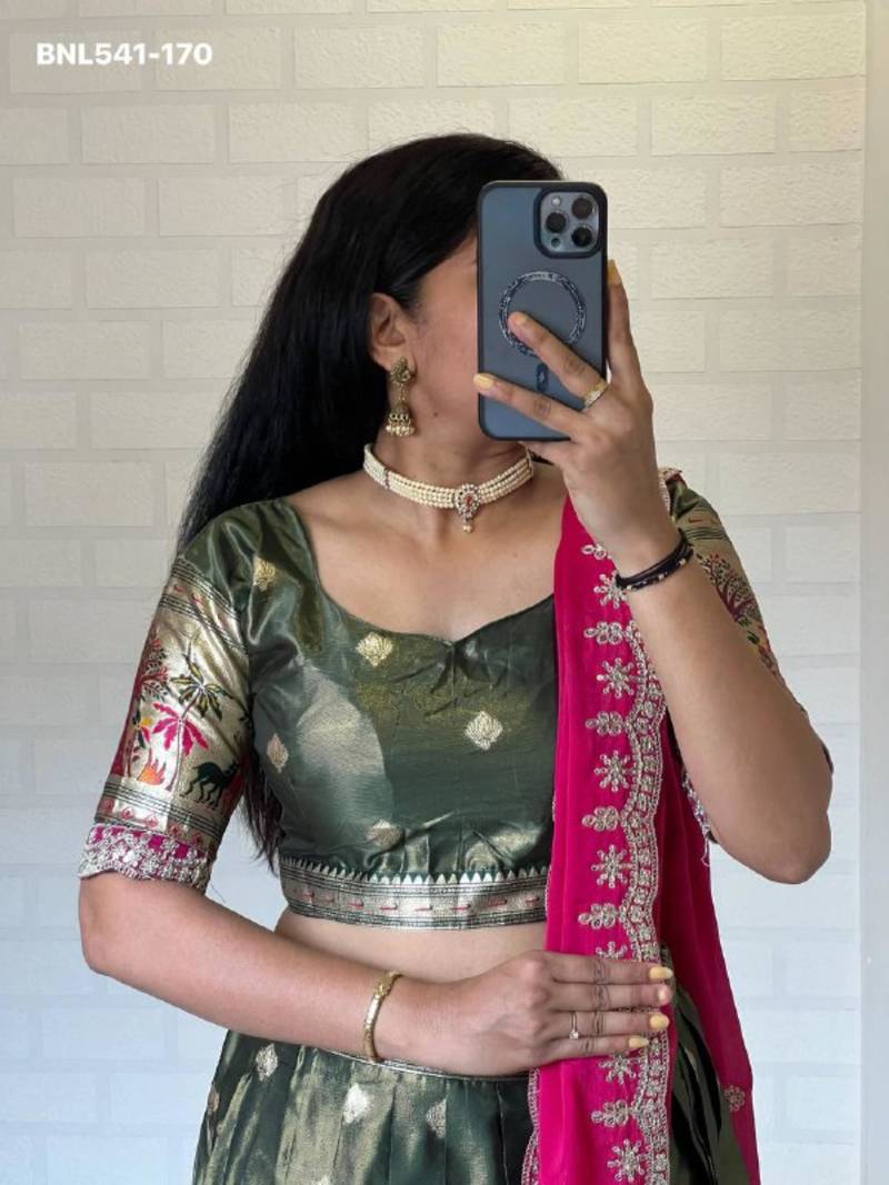 green silk blend woven Lehenga set