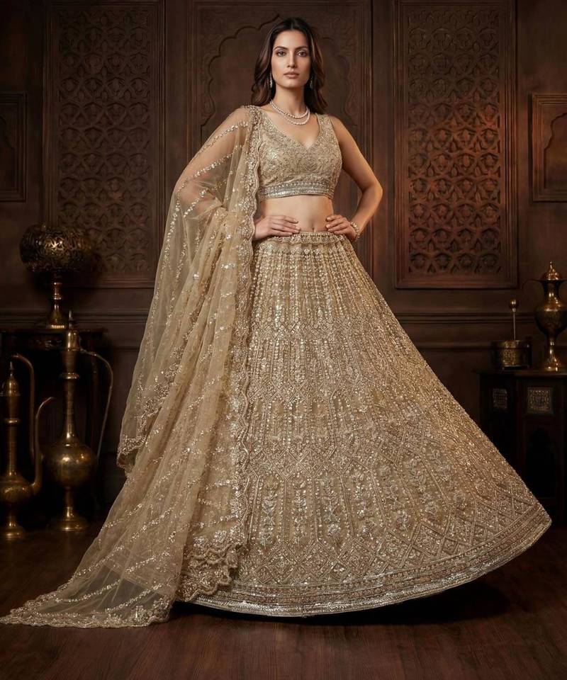 beige net embroidered Lehenga set