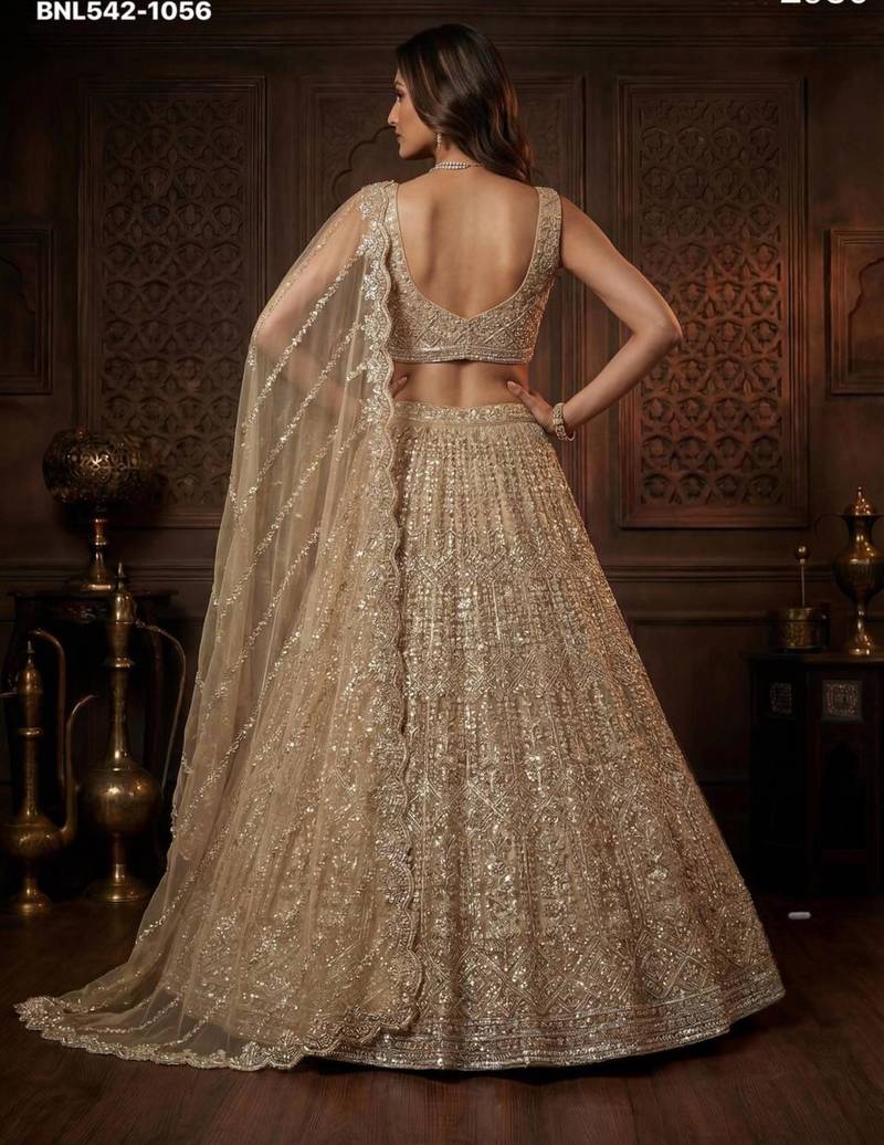 beige net embroidered Lehenga set
