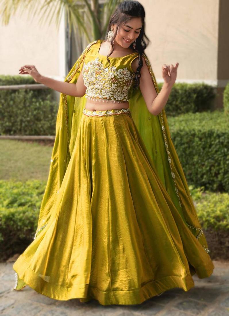 dark olive silk blend plain Lehenga set