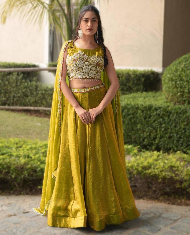 dark olive silk blend plain Lehenga set