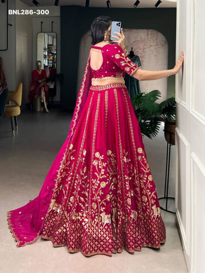 dark rani pink silk embroidered Lehenga set
