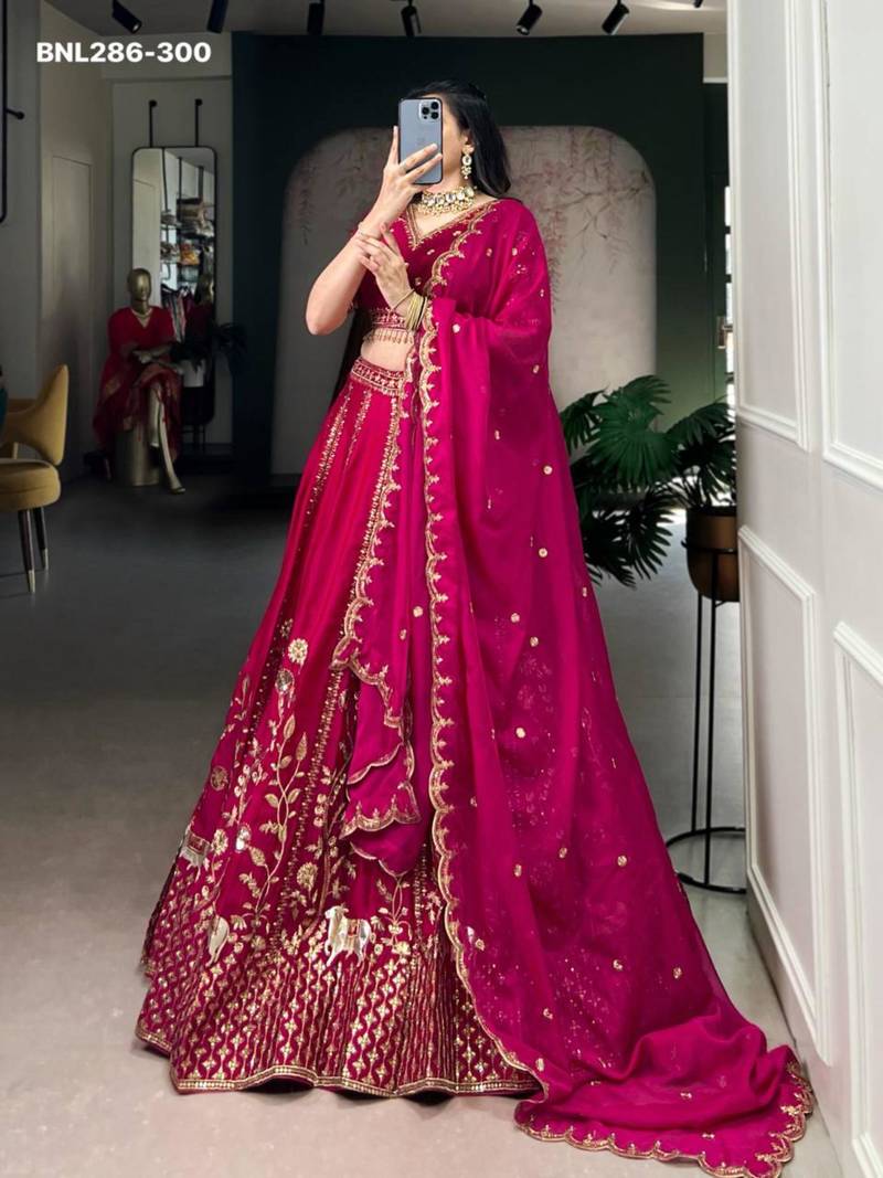 dark rani pink silk embroidered Lehenga set