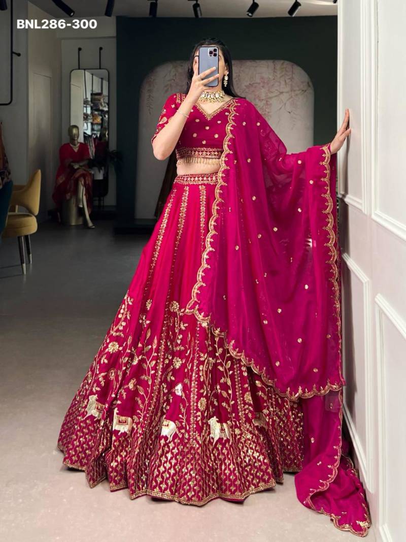 dark rani pink silk embroidered Lehenga set