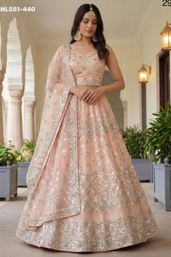 light peach embroidered net lehenga set