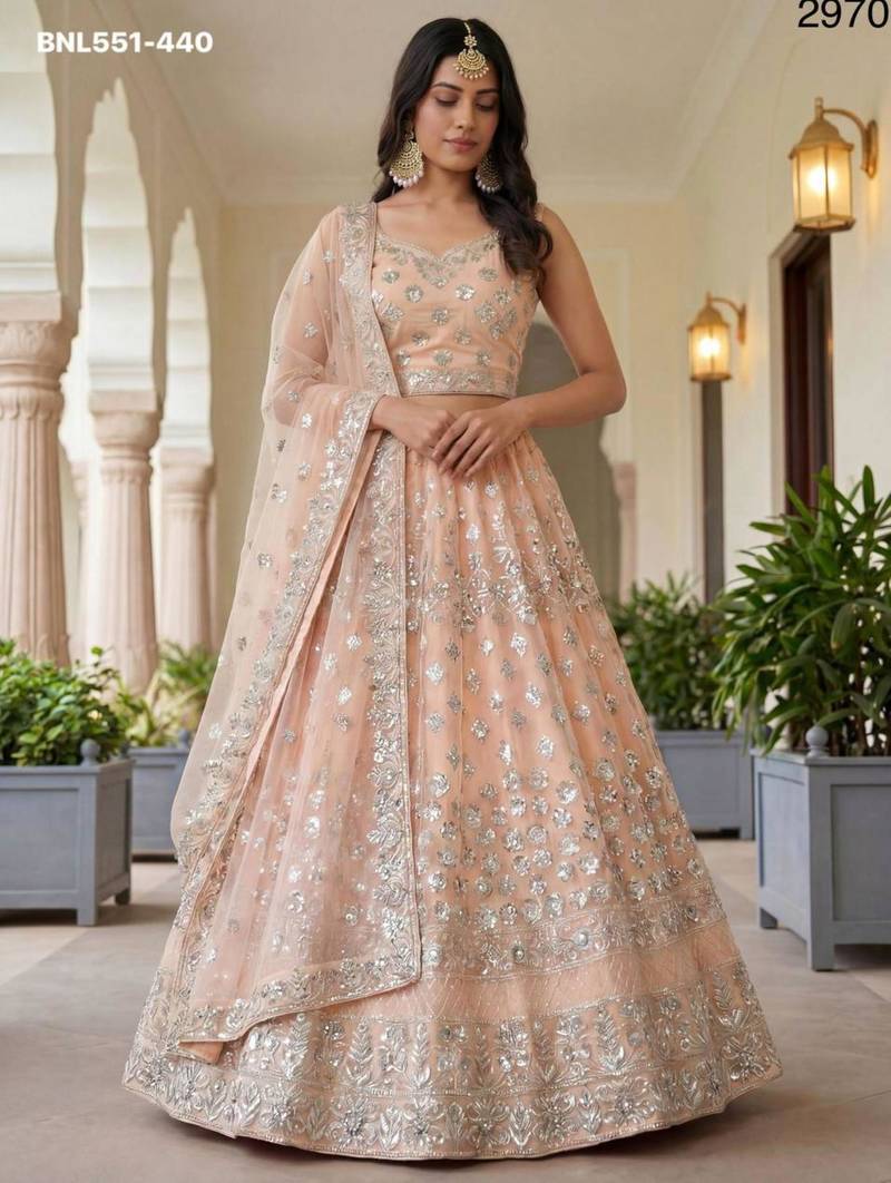 light peach net embroidered Lehenga set
