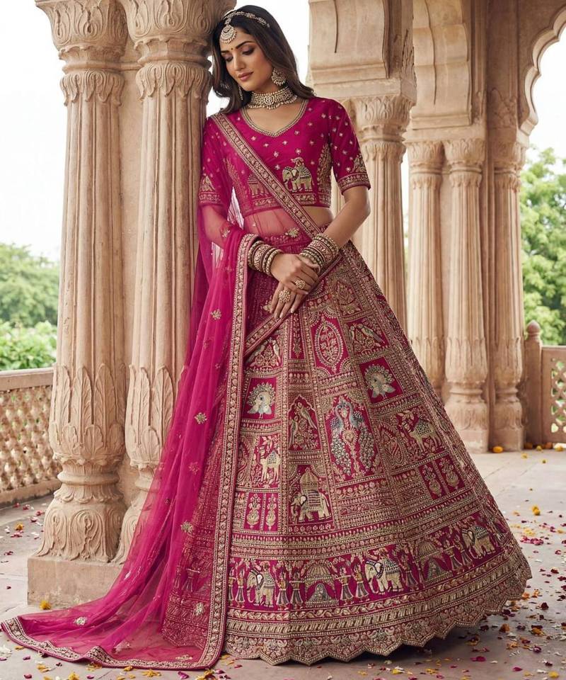 rani pink silk embroidered Lehenga set