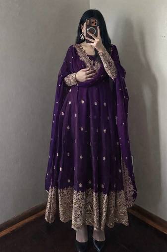 Deep purple embroidered anarkali suit set with  dupatta