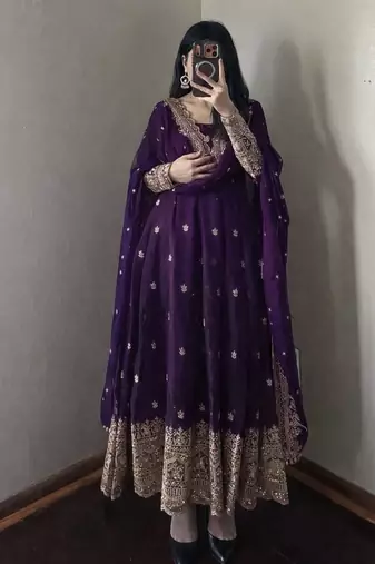 Deep purple embroidered anarkali suit set with  dupatta