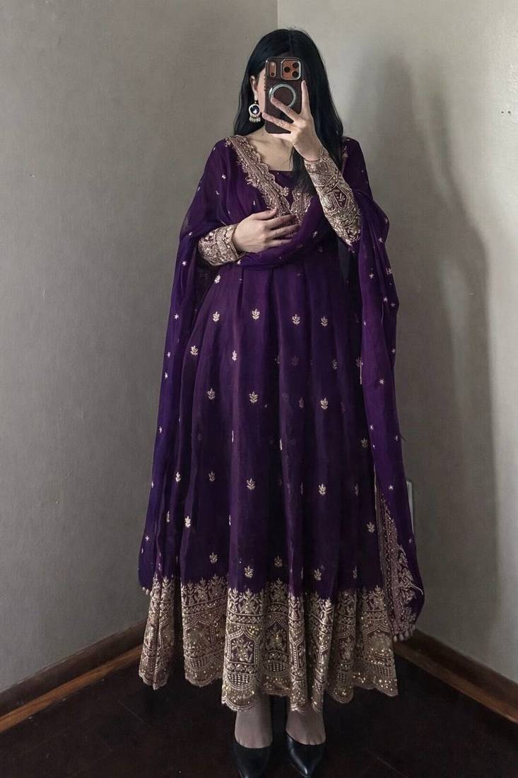 Deep purple embroidered anarkali suit set with  dupatta