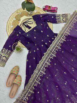 Deep purple embroidered anarkali suit set with dupatta 3