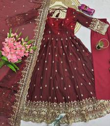 Dark maroon heavily embroidered festive wear anarkali salwar suit