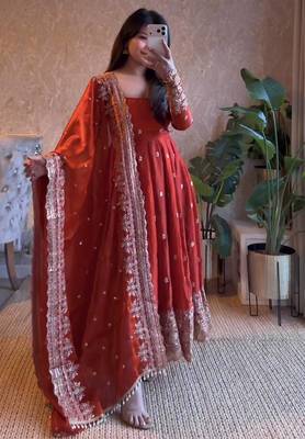 Vibrant orange heavy border gher anarkali suit for women 1