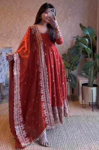 Vibrant orange heavy border gher anarkali suit for women