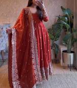 Vibrant orange heavy border gher anarkali suit for women