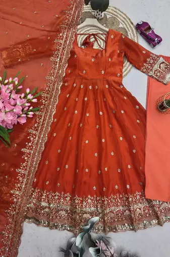 Vibrant orange heavy border gher anarkali suit for women