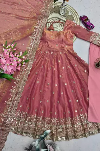 Peach festive wear heavy border anarkali gown suit