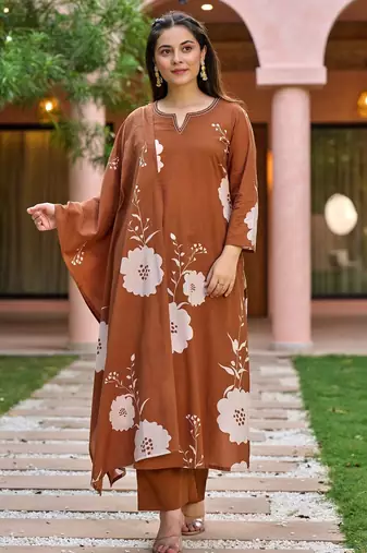 Women's Gorgeous Printed Work Muslin Fabric Straight Kurta Pant and Dupatta Set