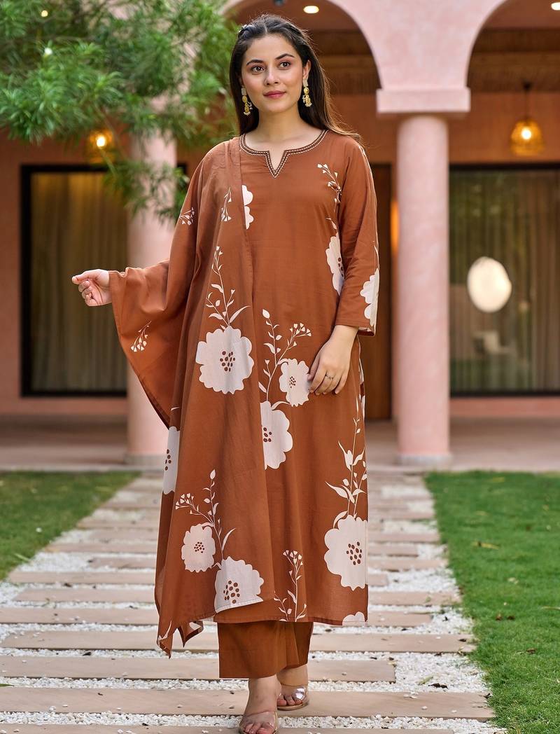 Women's Gorgeous Printed Work Muslin Fabric Straight Kurta Pant and Dupatta Set
